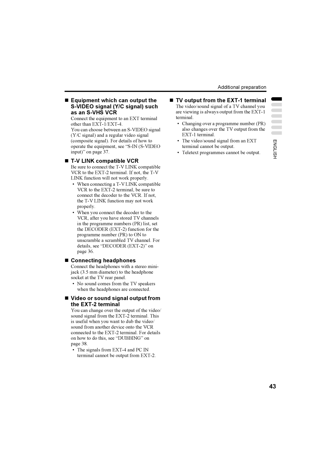 JVC LT-26A60SU, LT-26A60BU manual „ TV output from the EXT-1 terminal, „ T-V Link compatible VCR, „ Connecting headphones 