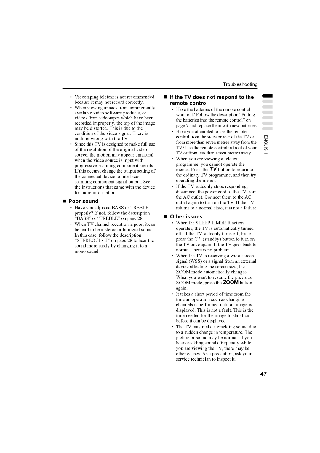 JVC LT-26A60SU, LT-26A60BU manual „ Poor sound, „ If the TV does not respond to the remote control, „ Other issues 