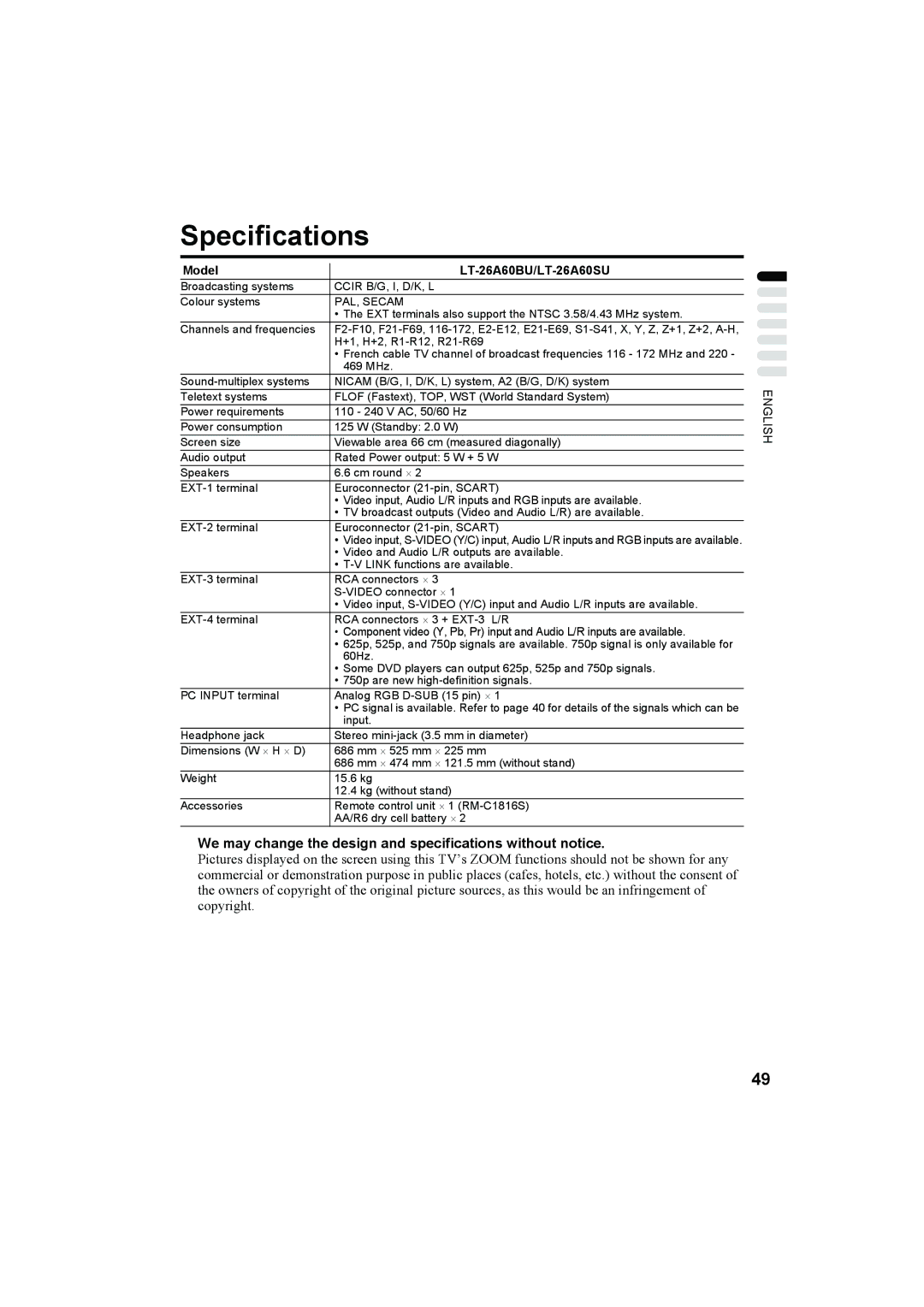 JVC LT-26A60SU, LT-26A60BU manual Specifications, We may change the design and specifications without notice 