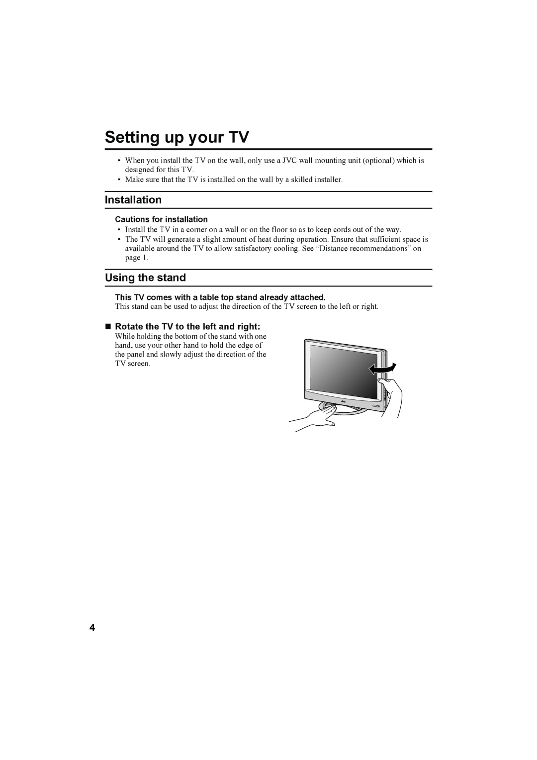 JVC LT-26A60BU, LT-26A60SU manual Setting up your TV, Installation, Using the stand, „ Rotate the TV to the left and right 