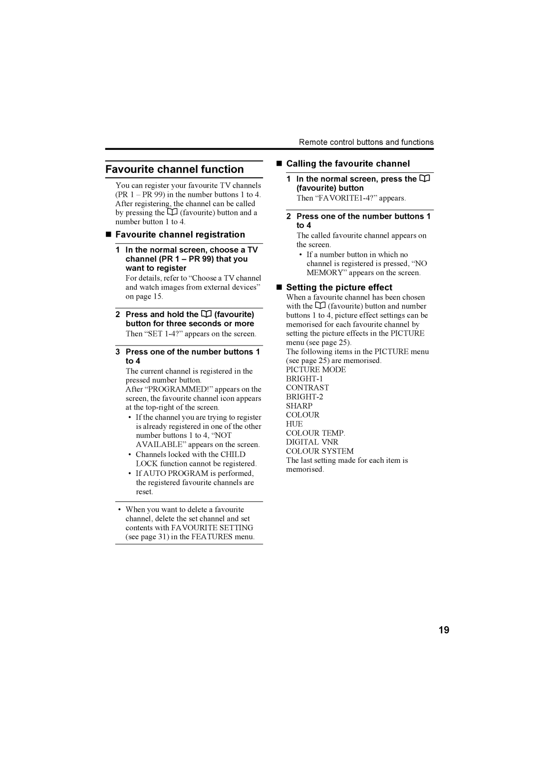 JVC LT-26A60SU, LT-26A60BU manual Favourite channel function 