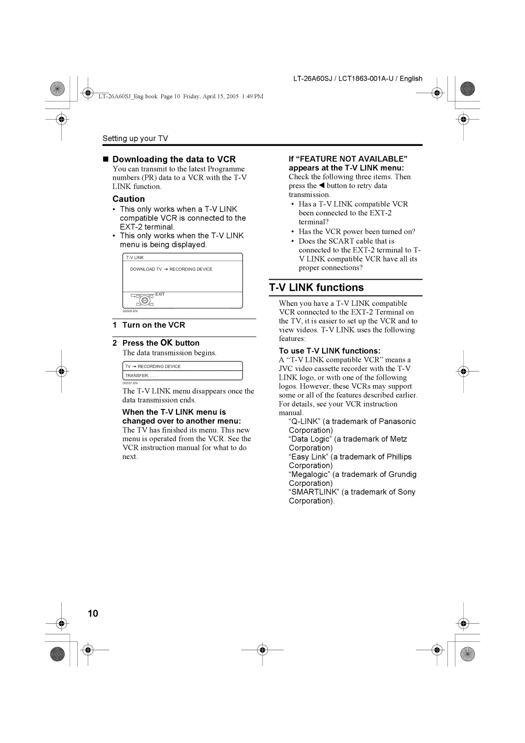 JVC LT-26A60SJ, LT-32A60SJ manual Link functions, „ Downloading the data to VCR, Turn on the VCR Press the a button 