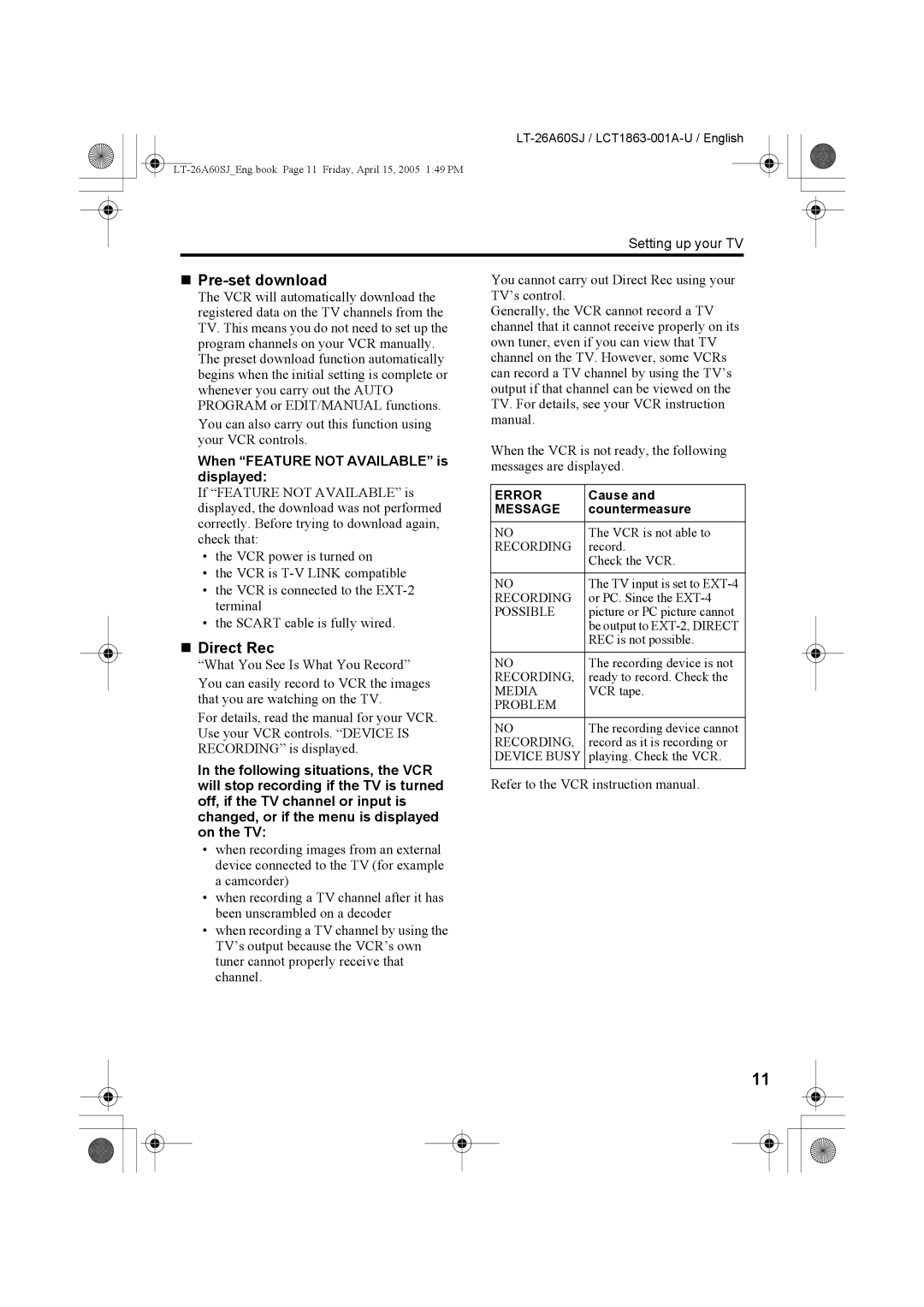 JVC LT-32A60SJ, LT-26A60SJ manual „ Pre-set download, „ Direct Rec, When Feature not Available is, Displayed 