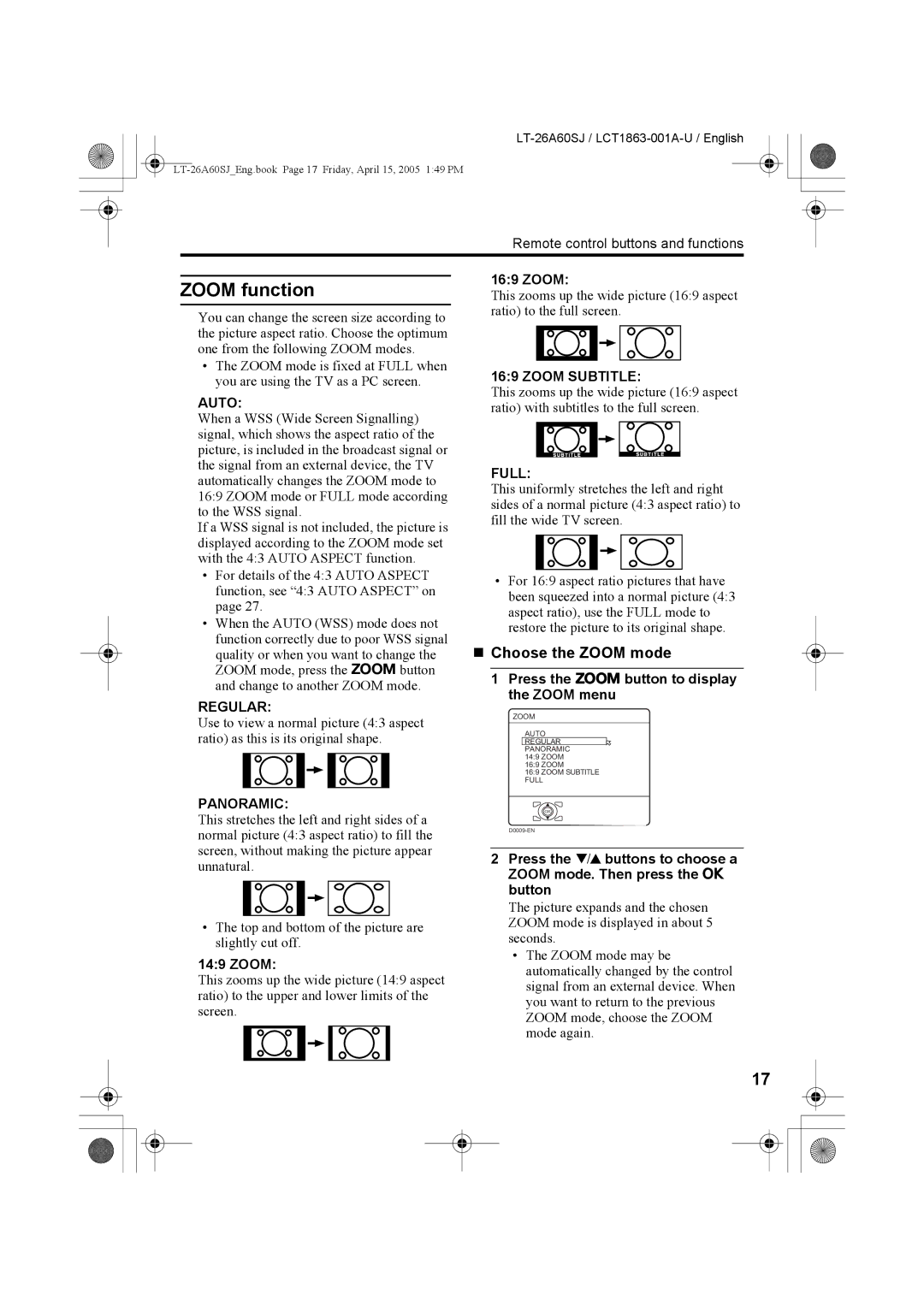 JVC LT-32A60SJ, LT-26A60SJ manual Zoom function, „ Choose the Zoom mode 