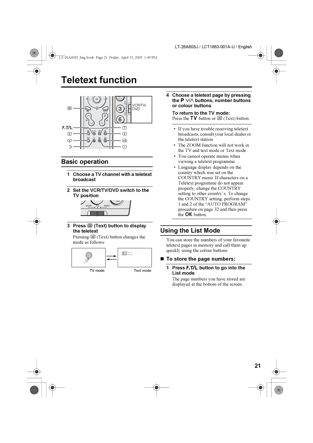 JVC LT-32A60SJ, LT-26A60SJ manual Teletext function, Basic operation, Using the List Mode, „ To store the page numbers 