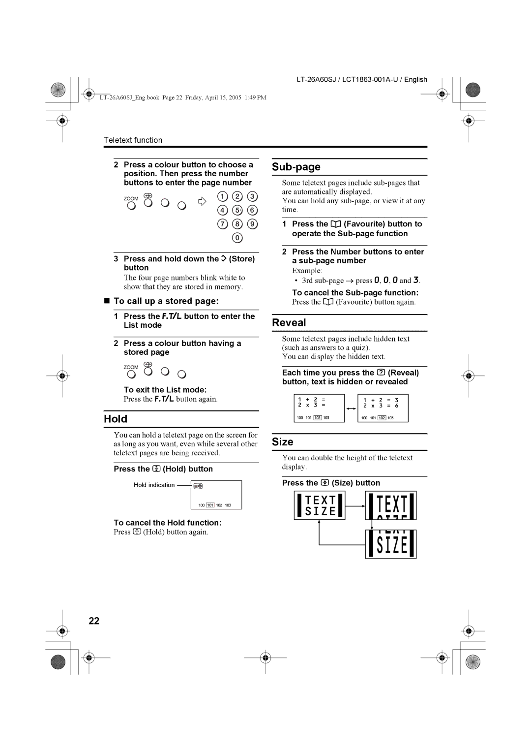 JVC LT-26A60SJ, LT-32A60SJ manual Sub-page, Reveal, Hold, Size, „ To call up a stored 