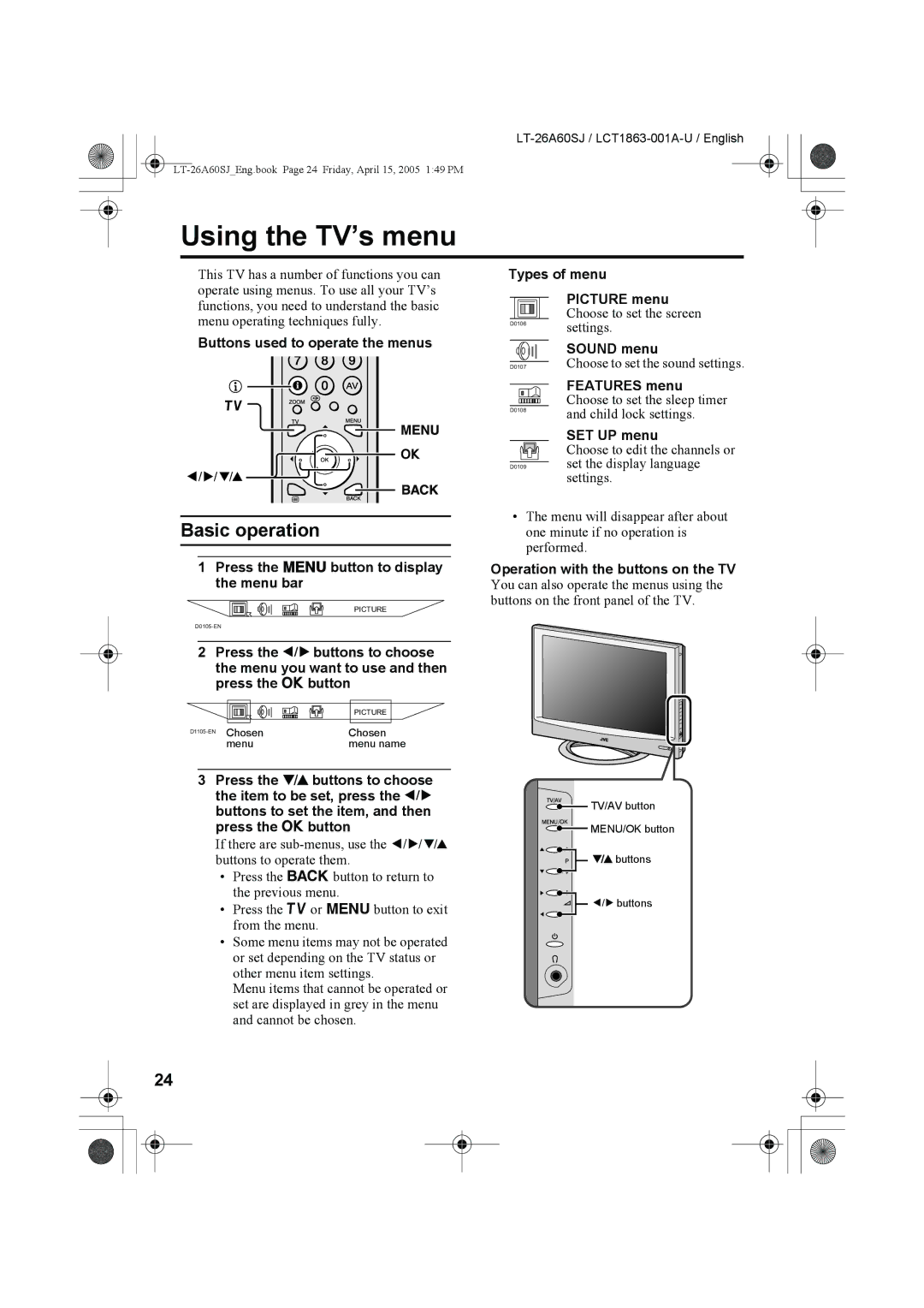 JVC LT-26A60SJ, LT-32A60SJ manual Using the TV’s menu, Press the Hbutton to display the menu bar 