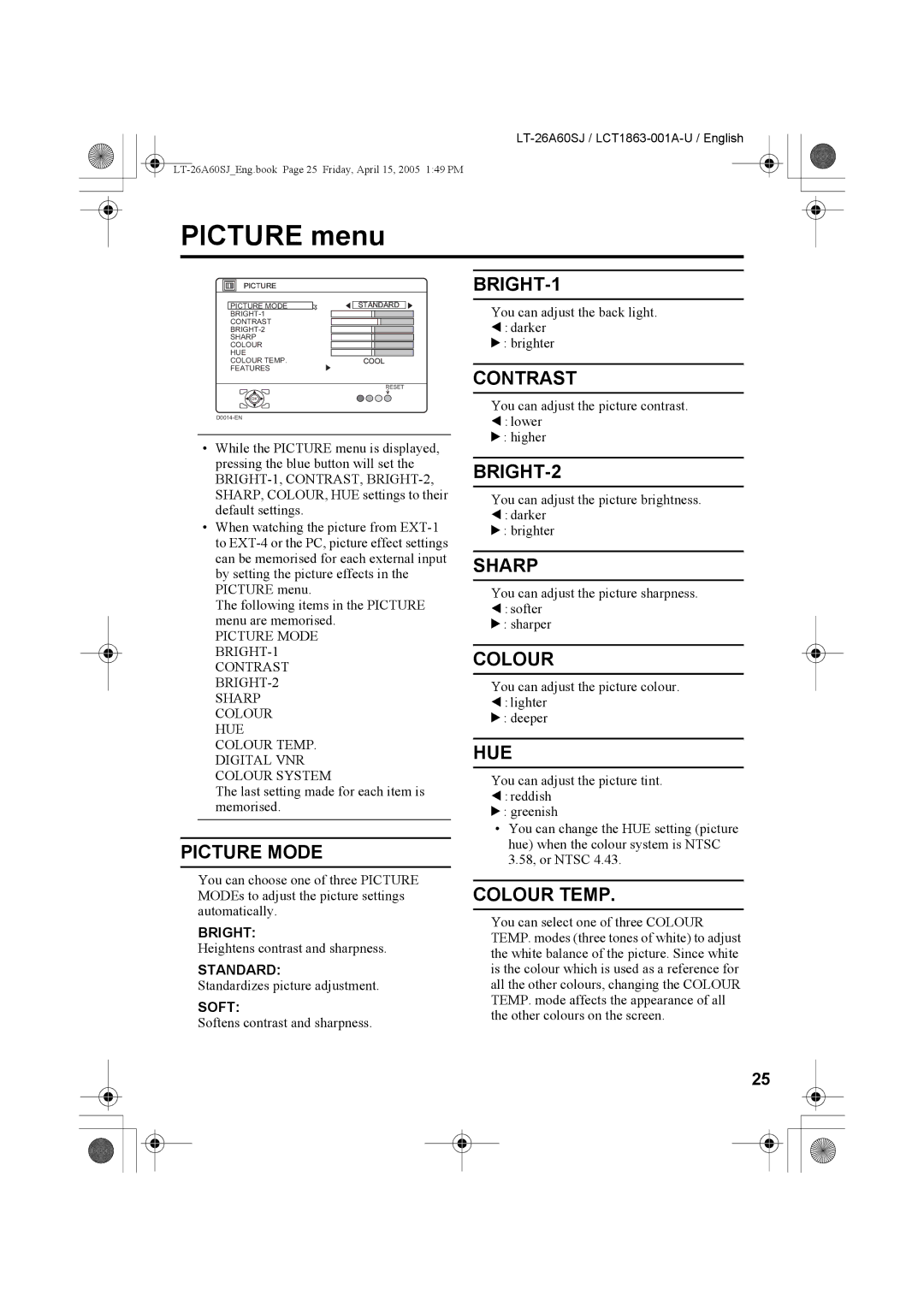 JVC LT-32A60SJ, LT-26A60SJ manual Picture menu 