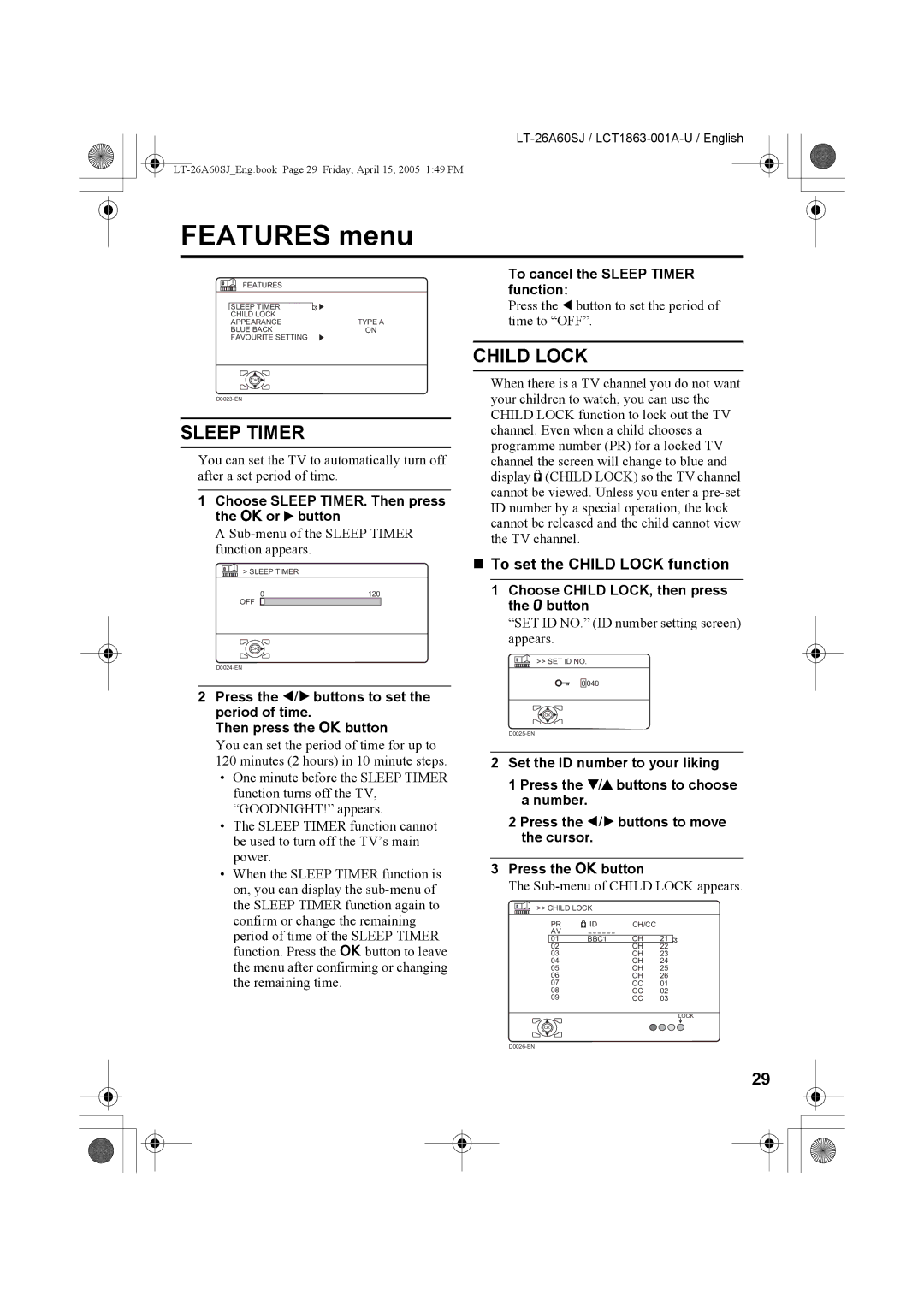 JVC LT-32A60SJ, LT-26A60SJ manual Features menu, Sleep Timer, „ To set the Child Lock function 