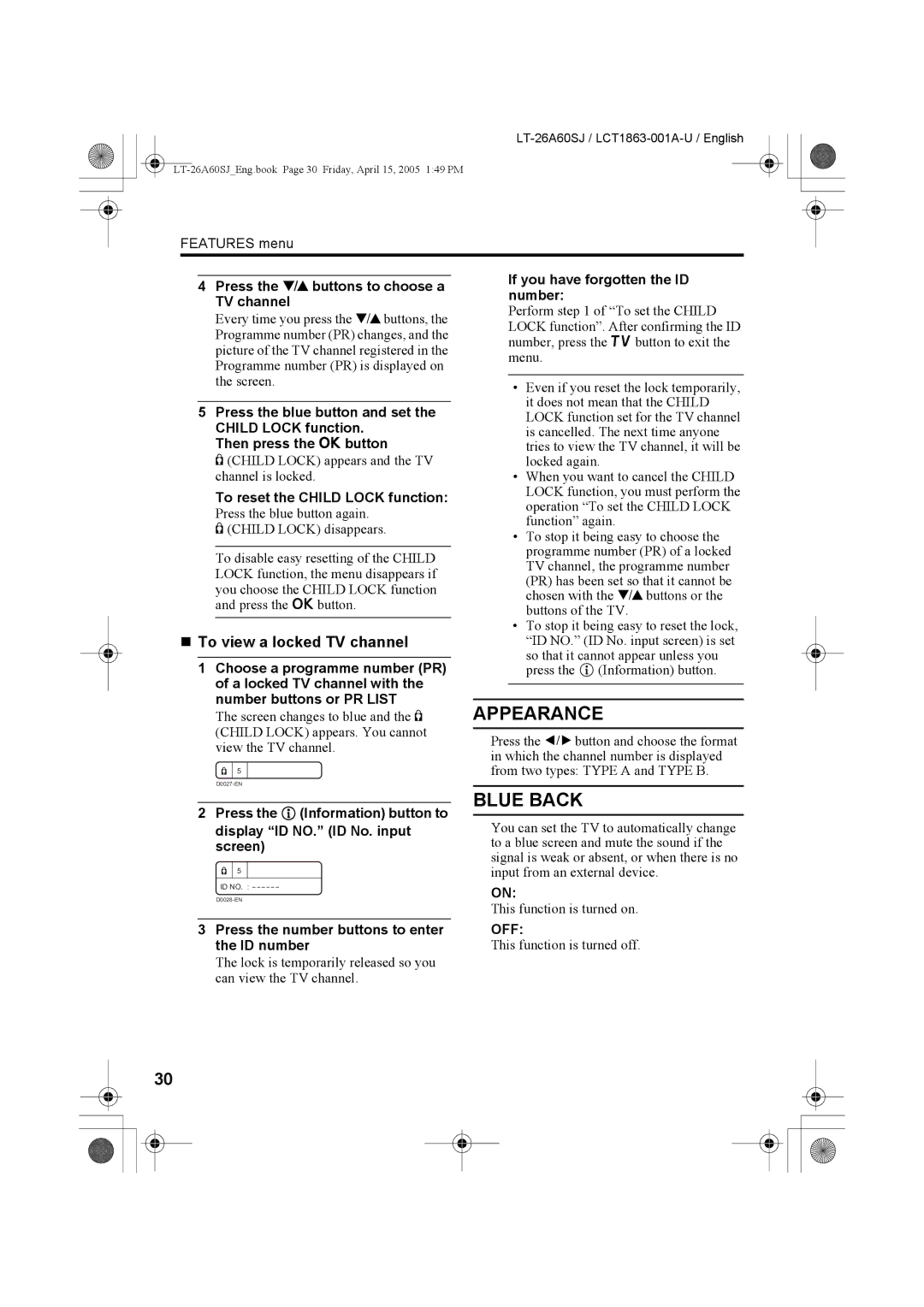 JVC LT-26A60SJ, LT-32A60SJ manual Appearance, Blue Back, „ To view a locked TV channel 