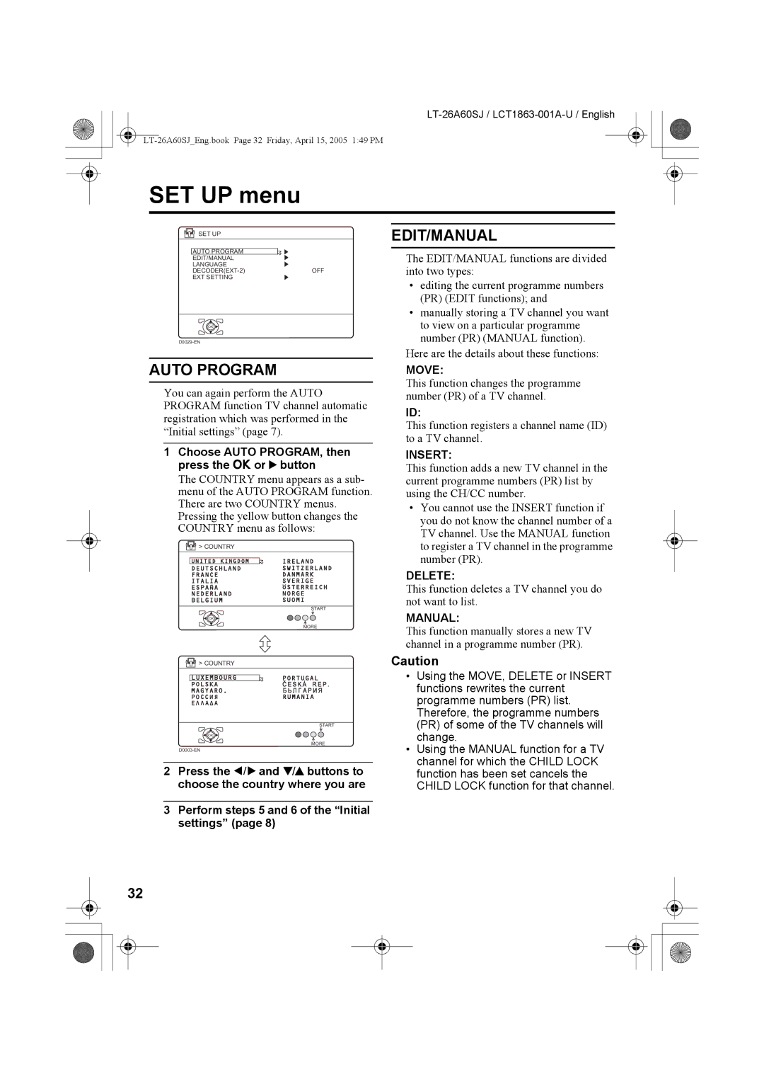 JVC LT-26A60SJ, LT-32A60SJ manual SET UP menu, Auto Program, Edit/Manual 