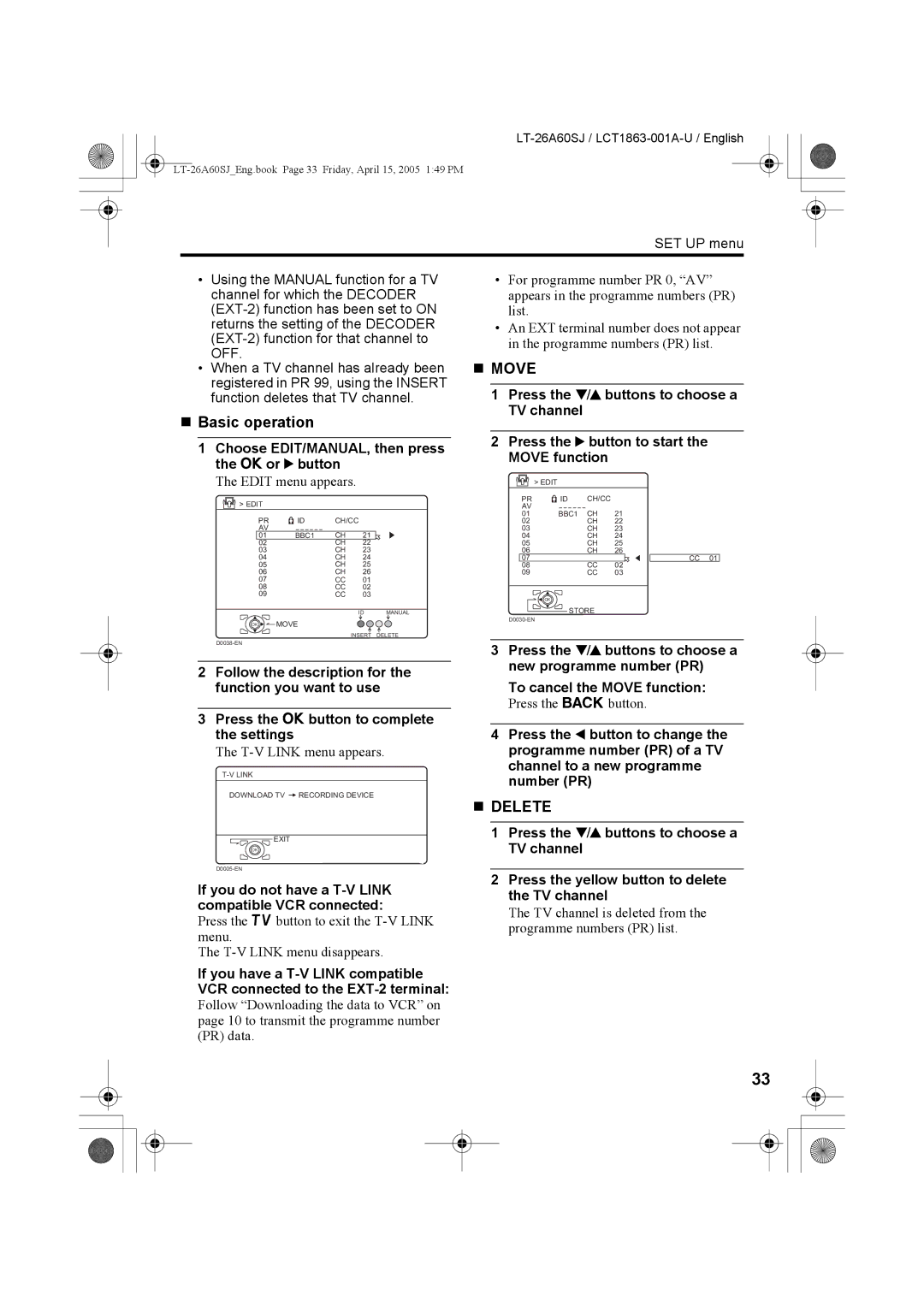 JVC LT-32A60SJ, LT-26A60SJ manual „ Basic operation, Choose EDIT/MANUAL, then press the a or 3 button 