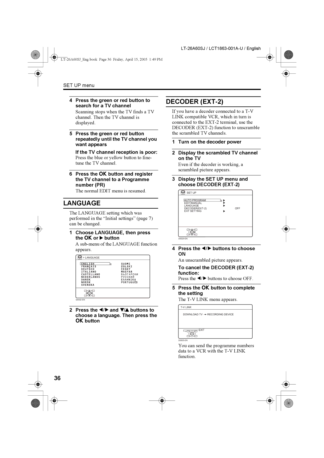 JVC LT-26A60SJ, LT-32A60SJ manual Language, Decoder EXT-2 