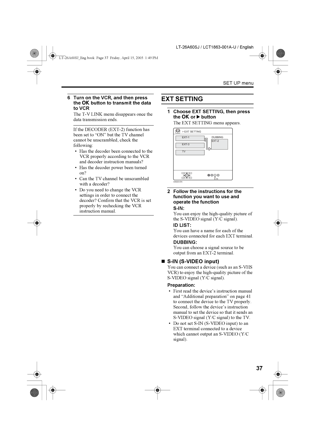 JVC LT-32A60SJ, LT-26A60SJ manual EXT Setting, „ S-IN S-VIDEO input, ID List, Dubbing 