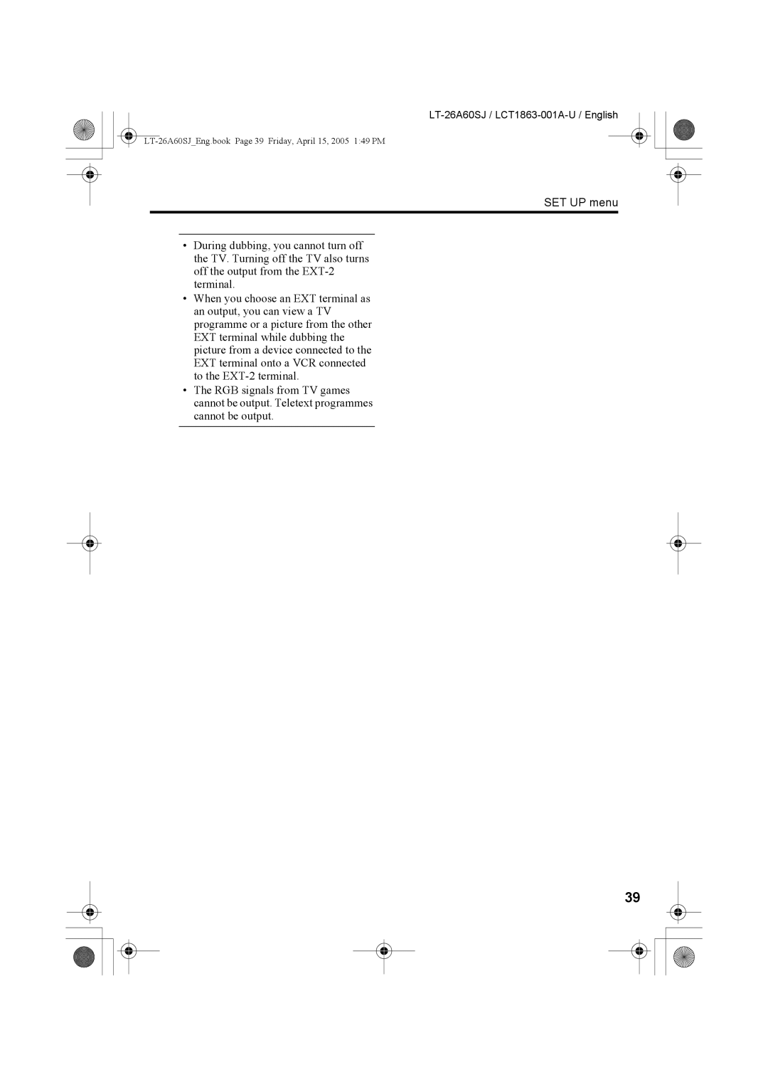 JVC LT-32A60SJ manual LT-26A60SJEng.book Page 39 Friday, April 15, 2005 149 PM 