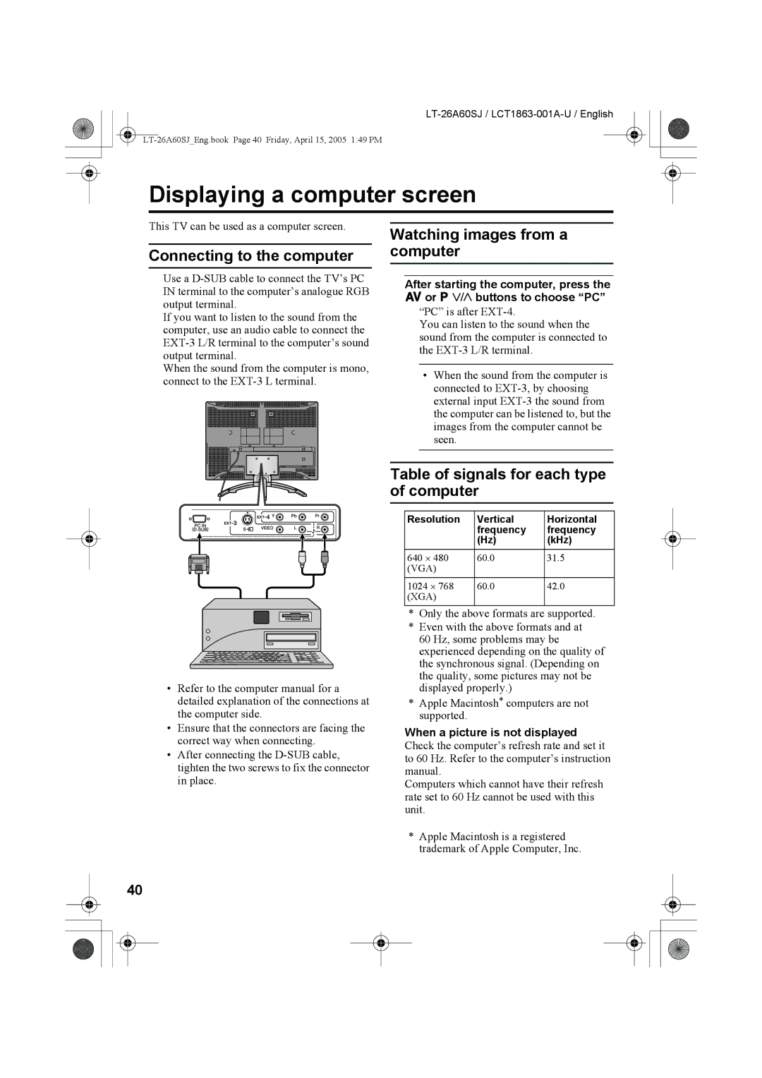 JVC LT-26A60SJ, LT-32A60SJ manual Displaying a computer screen, Connecting to the computer, Watching images from a computer 