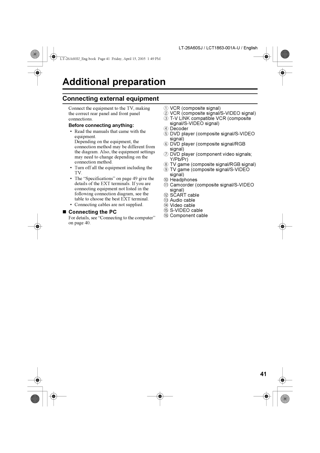 JVC LT-32A60SJ Additional preparation, Connecting external equipment, „ Connecting the PC, Before connecting anything 