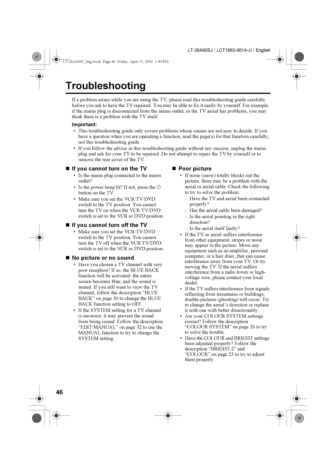 JVC LT-26A60SJ Troubleshooting, „ If you cannot turn on the TV, „ If you cannot turn off the TV, „ No picture or no sound 