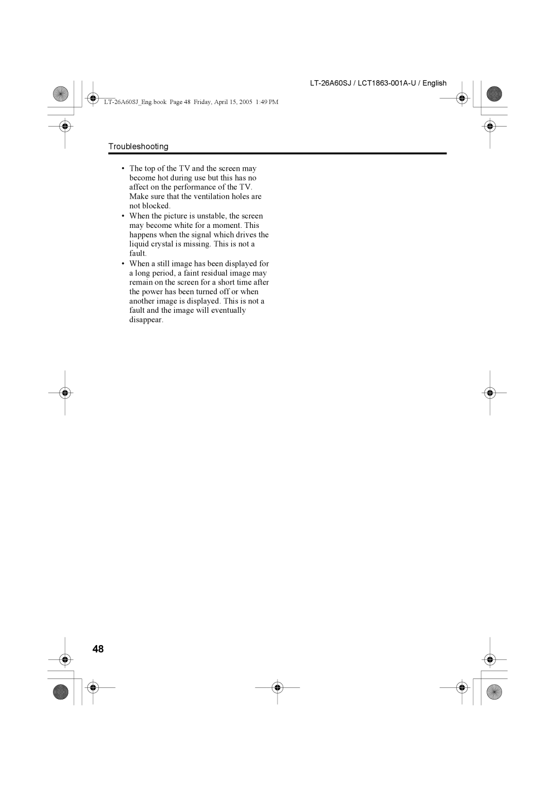 JVC LT-32A60SJ manual LT-26A60SJEng.book Page 48 Friday, April 15, 2005 149 PM 