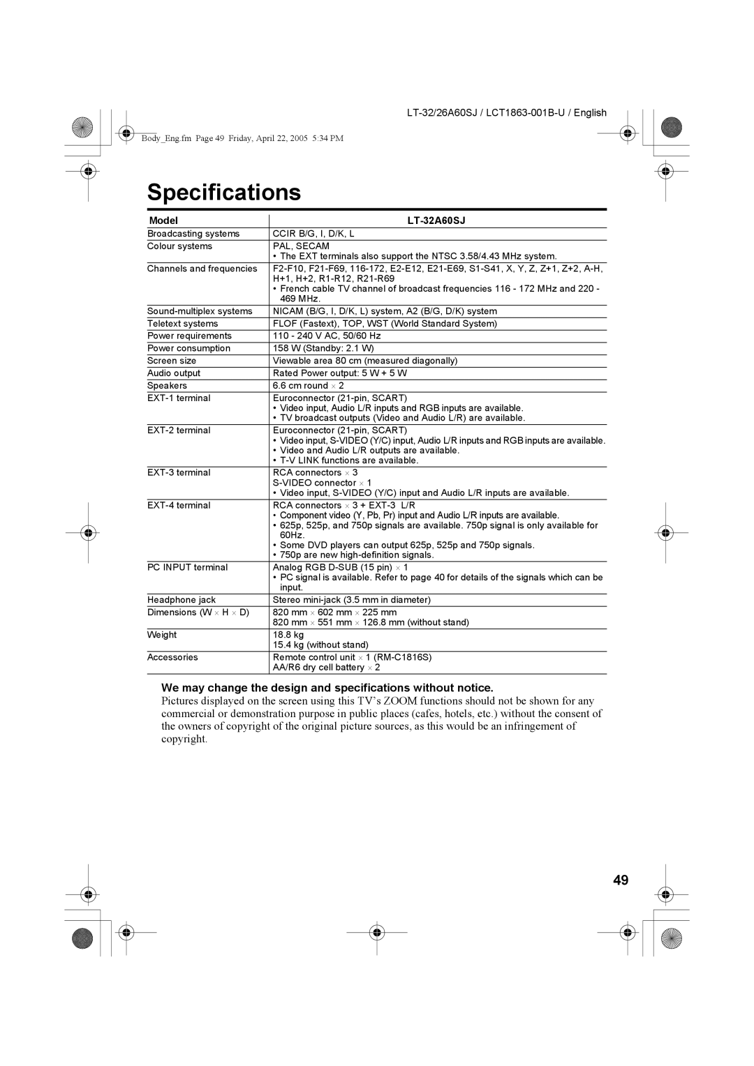 JVC LT-32A60SJ, LT-26A60SJ manual Specifications, We may change the design and specifications without notice 