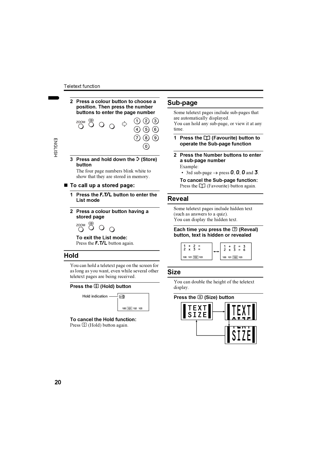 JVC LT-26AX5, LT-32AX5 manual Sub-page, Reveal, Hold, Size, „ To call up a stored 