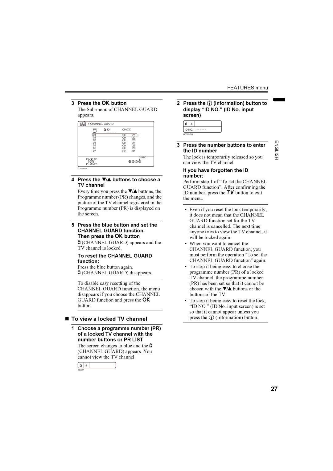 JVC LT-32AX5, LT-26AX5 manual „ To view a locked TV channel 