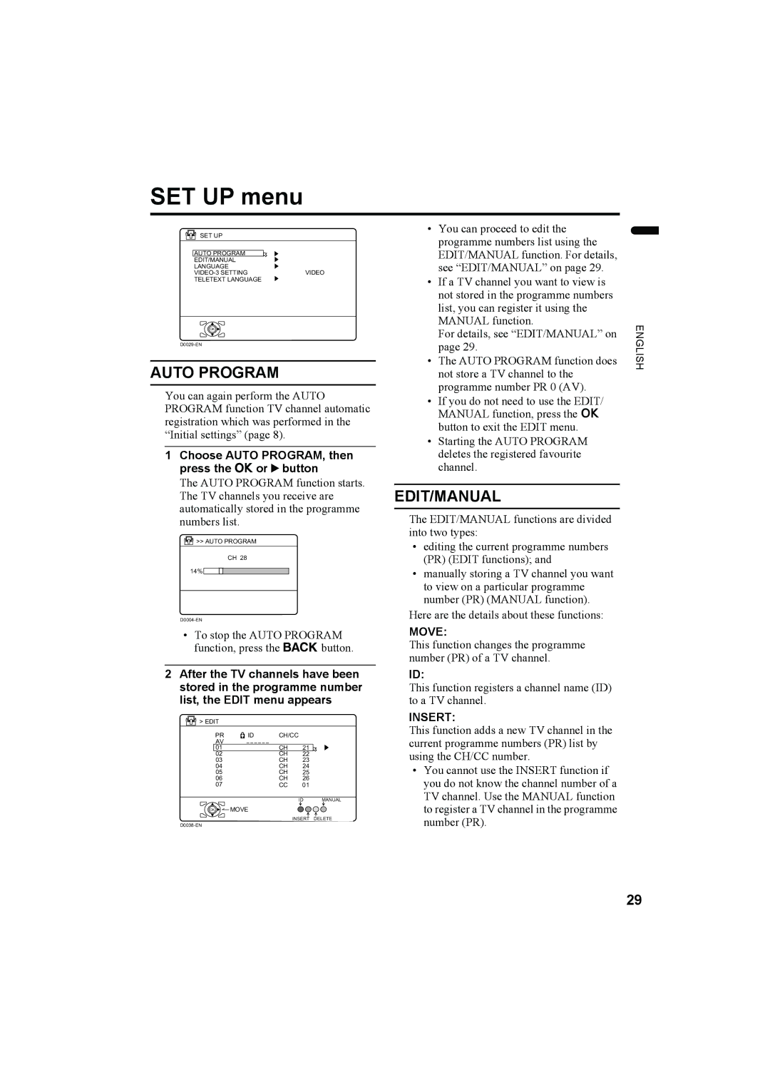 JVC LT-32AX5, LT-26AX5 manual SET UP menu, Auto Program, Edit/Manual, Move, Insert 