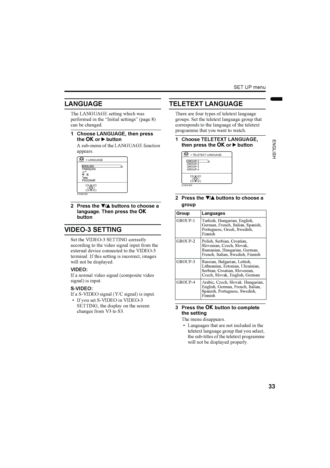 JVC LT-32AX5, LT-26AX5 manual Language Teletext Language, VIDEO-3 Setting, Video 