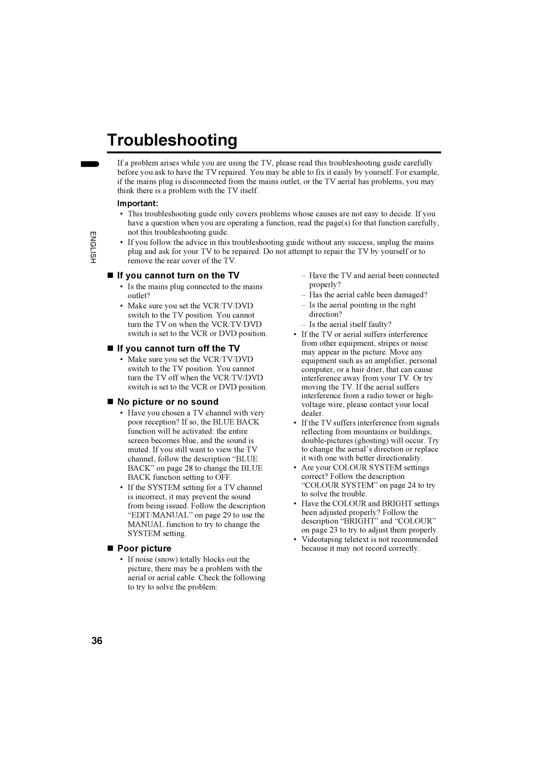 JVC LT-26AX5 Troubleshooting, „ If you cannot turn on the TV, „ If you cannot turn off the TV, „ No picture or no sound 