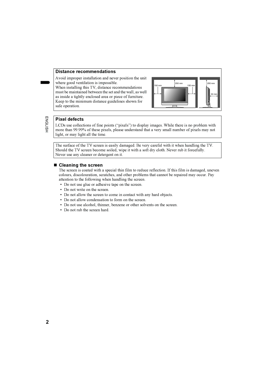 JVC LT-26AX5, LT-32AX5 manual Distance recommendations, Pixel defects, „ Cleaning the screen 