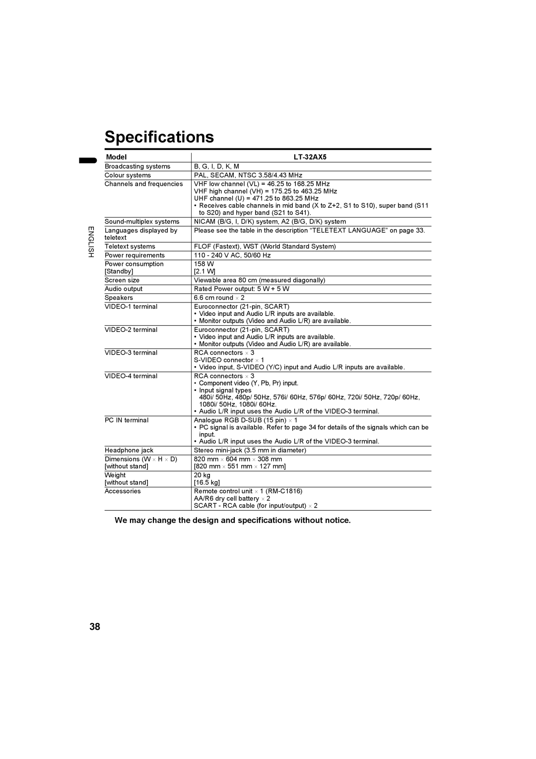 JVC LT-26AX5, LT-32AX5 manual Specifications, We may change the design and specifications without notice 