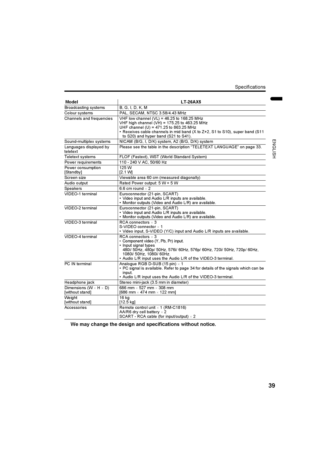 JVC LT-32AX5, LT-26AX5 manual Specifications 