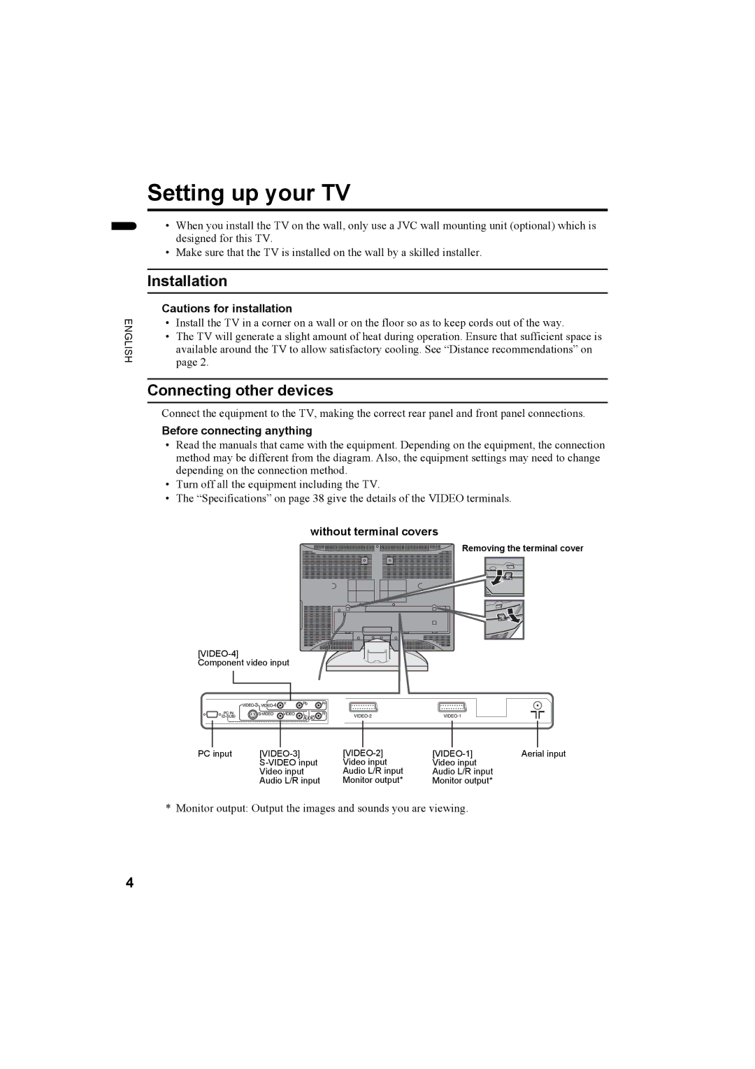 JVC LT-26AX5, LT-32AX5 manual Setting up your TV, Installation, Connecting other devices, Before connecting anything 