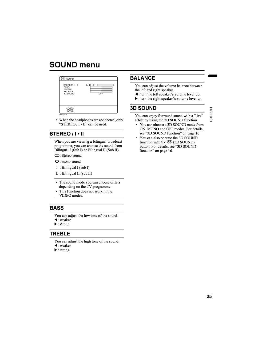JVC LT-32AX5, LT-26AX5 manual SOUND menu, Stereo / I, Bass, Treble, Balance, 3D SOUND 