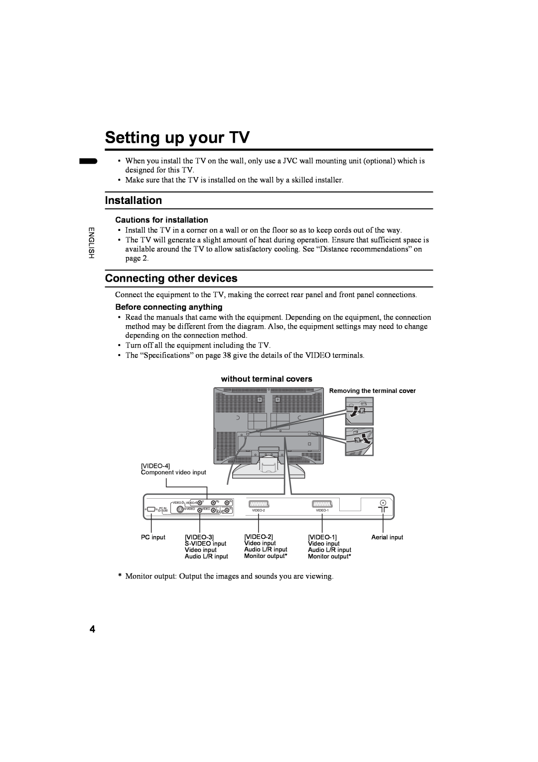 JVC LT-26AX5, LT-32AX5 manual Setting up your TV, Installation, Connecting other devices, Cautions for installation 