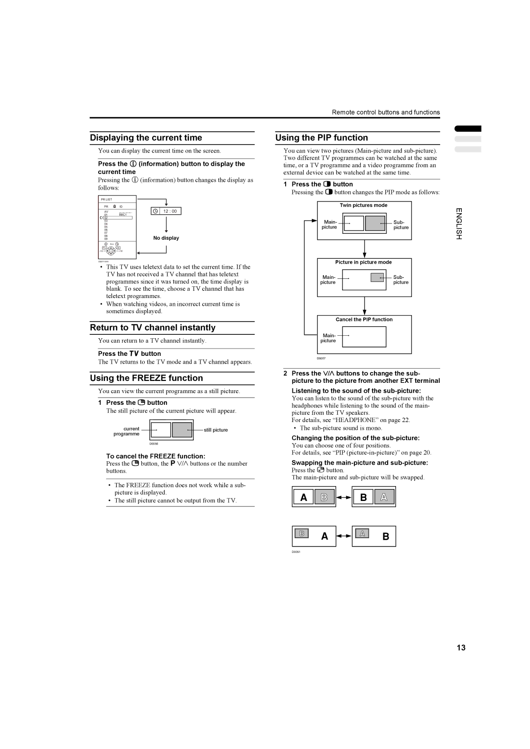 JVC LT-26C31BJE, LT-26C31BUE manual Displaying the current time, Using the PIP function, Return to TV channel instantly 