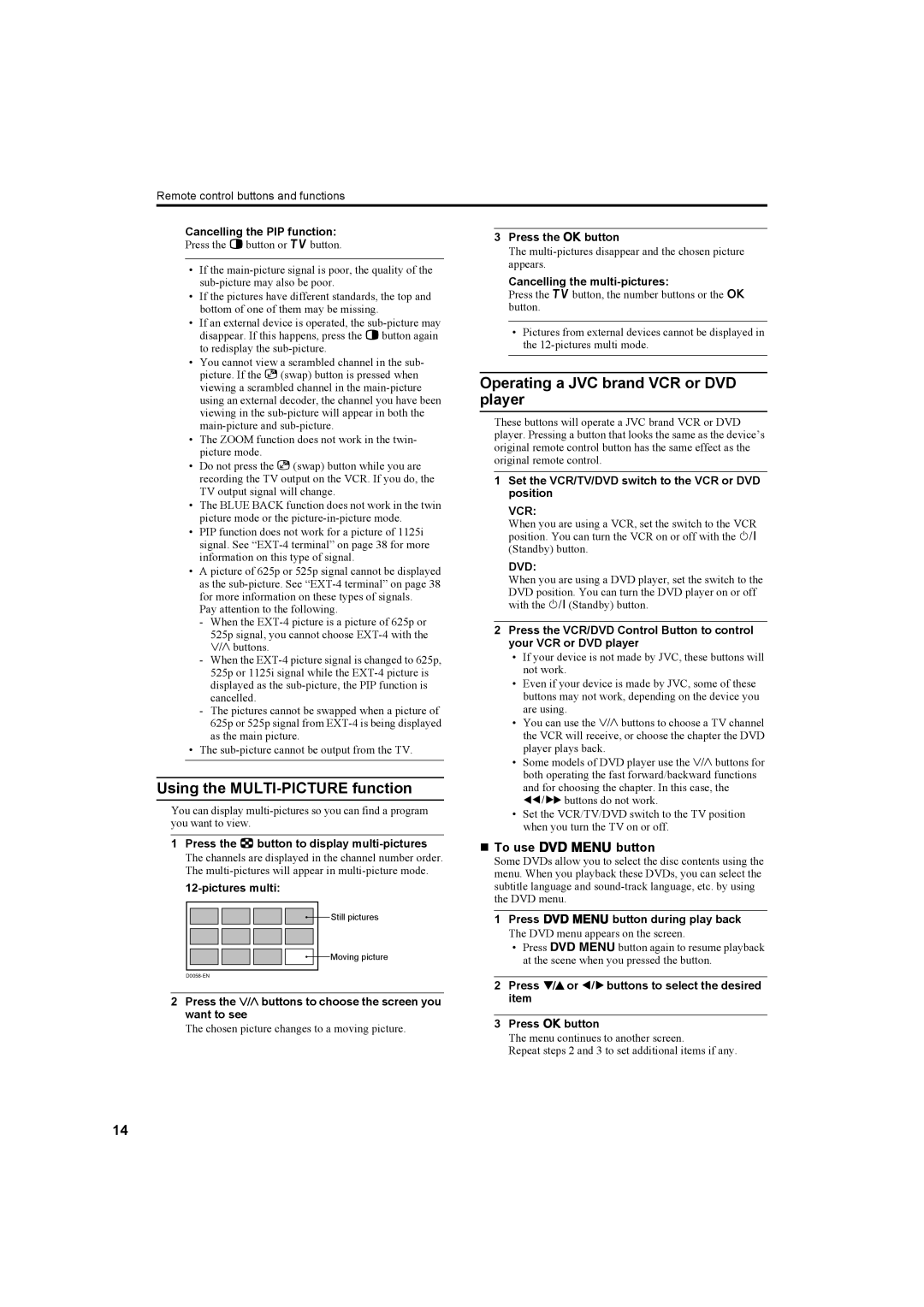 JVC LT-26C31BUE Using the MULTI-PICTURE function, Operating a JVC brand VCR or DVD player, „ To use Dbutton, Vcr, Dvd 