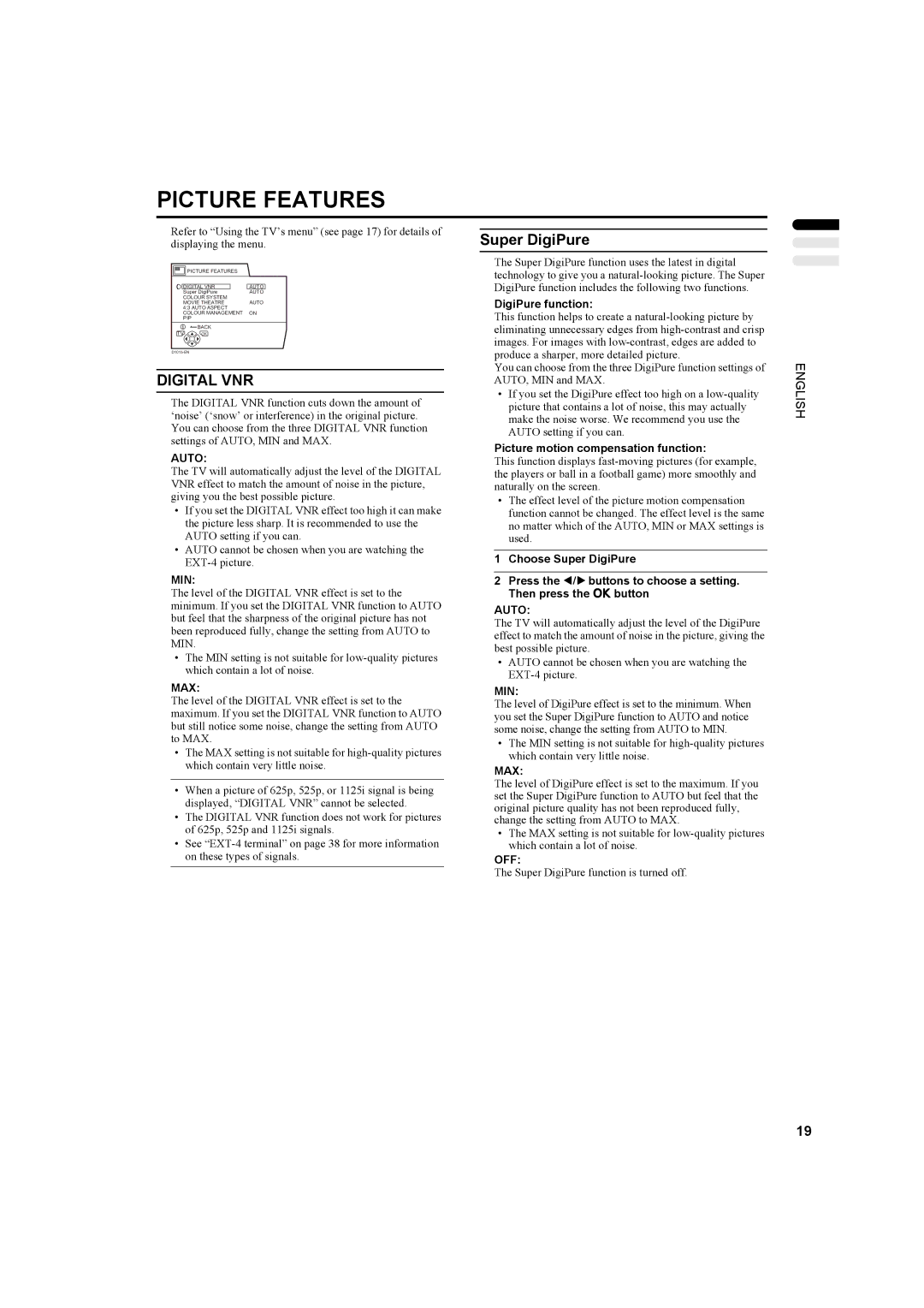 JVC LT-26C31SUE, LT-26C31BUE, LT-26C31SJE, LT-26C31BJE manual Picture Features, Digital VNR, Super DigiPure 