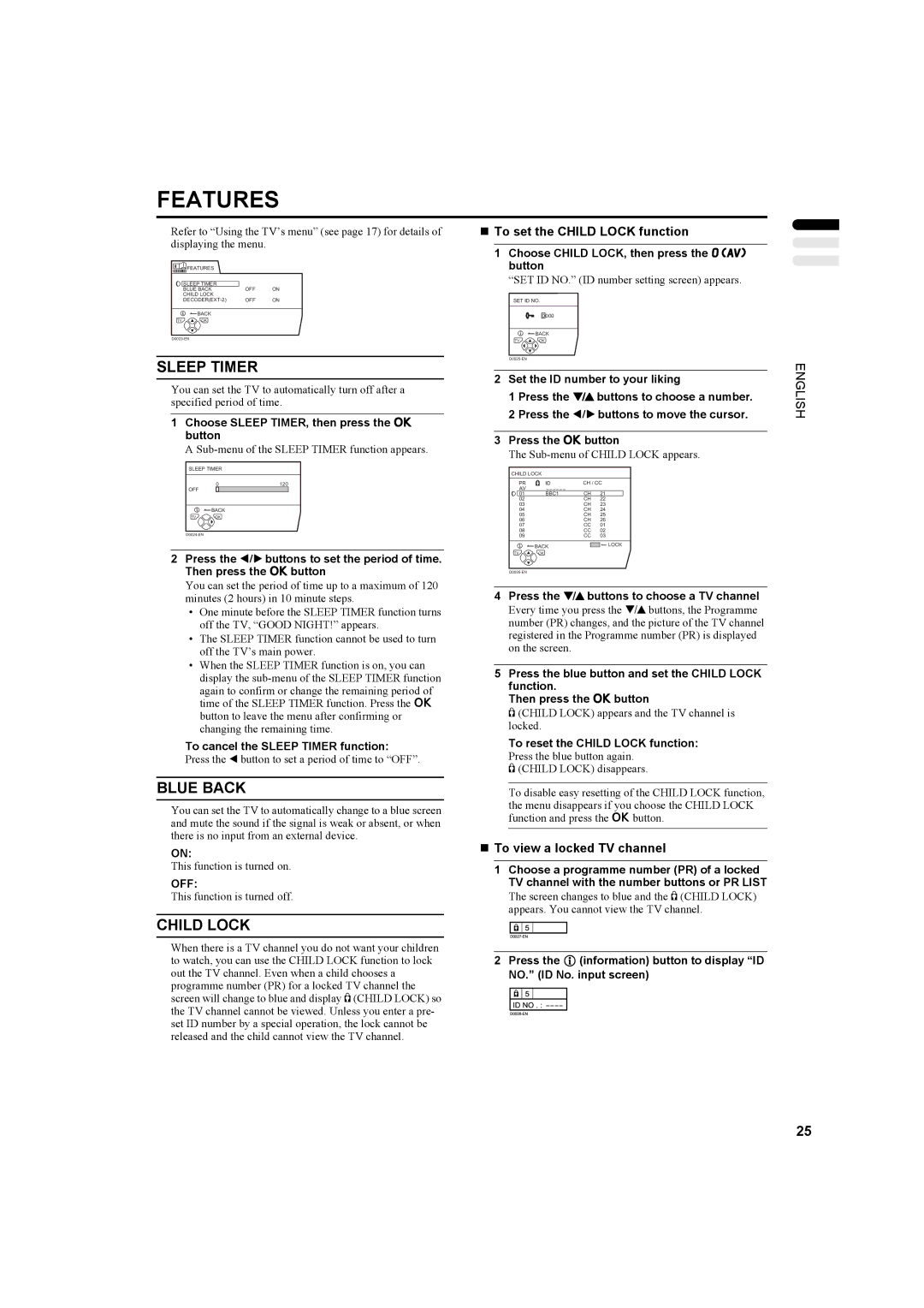 JVC LT-26C31BJE, LT-26C31BUE, LT-26C31SUE, LT-26C31SJE manual Features, Sleep Timer, Blue Back, Child Lock 