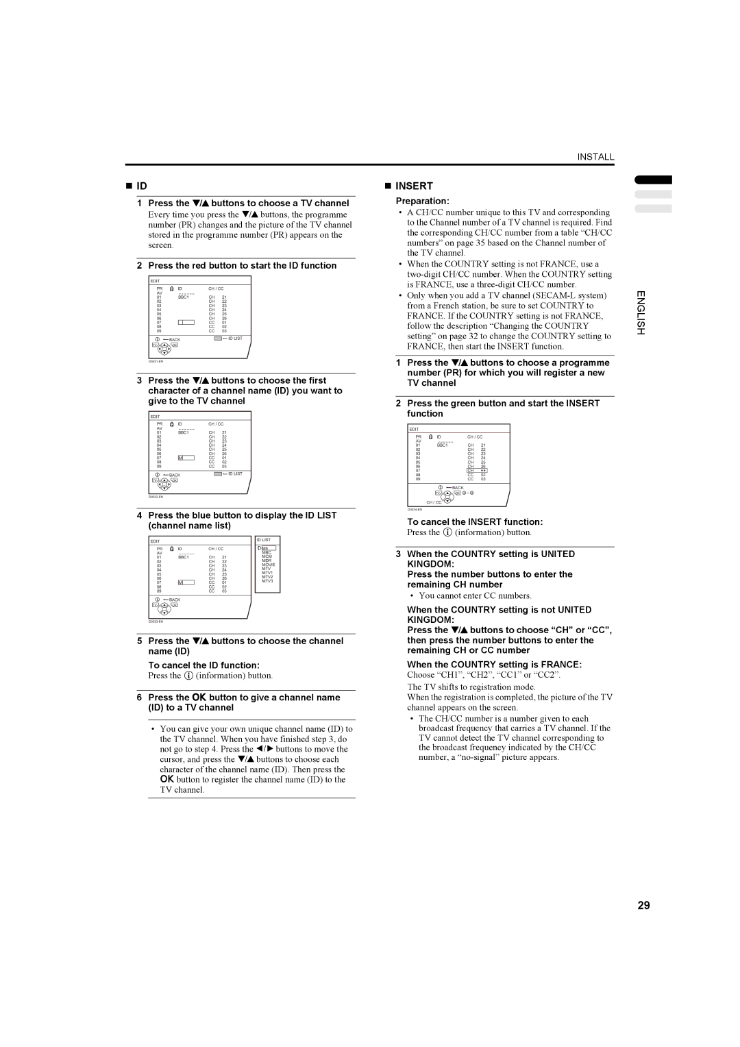 JVC LT-26C31BJE, LT-26C31BUE manual „ Id, Press the red button to start the ID function, To cancel the Insert function 