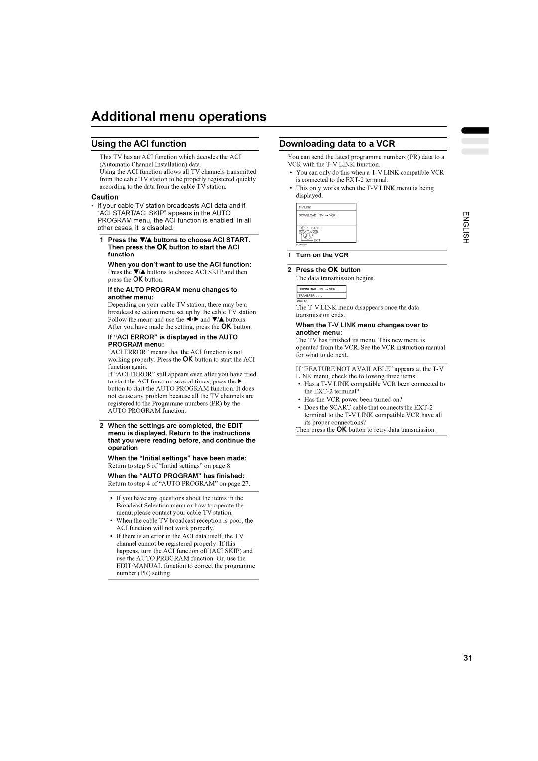 JVC LT-26C31SUE, LT-26C31BUE, LT-26C31SJE manual Additional menu operations, Using the ACI function Downloading data to a VCR 