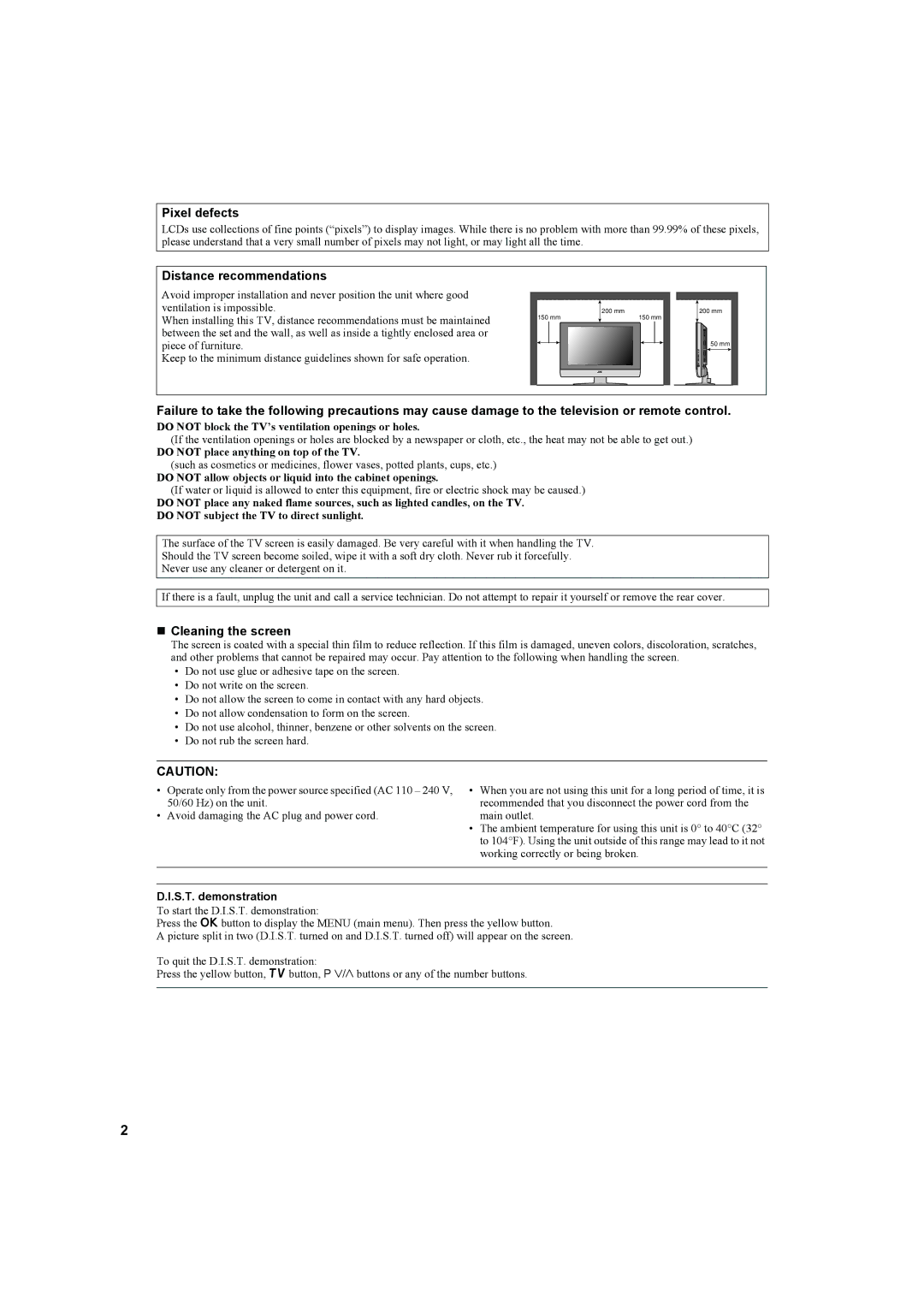 JVC LT-26C31BUE, LT-26C31SUE manual Pixel defects, Distance recommendations, „ Cleaning the screen, S.T. demonstration 