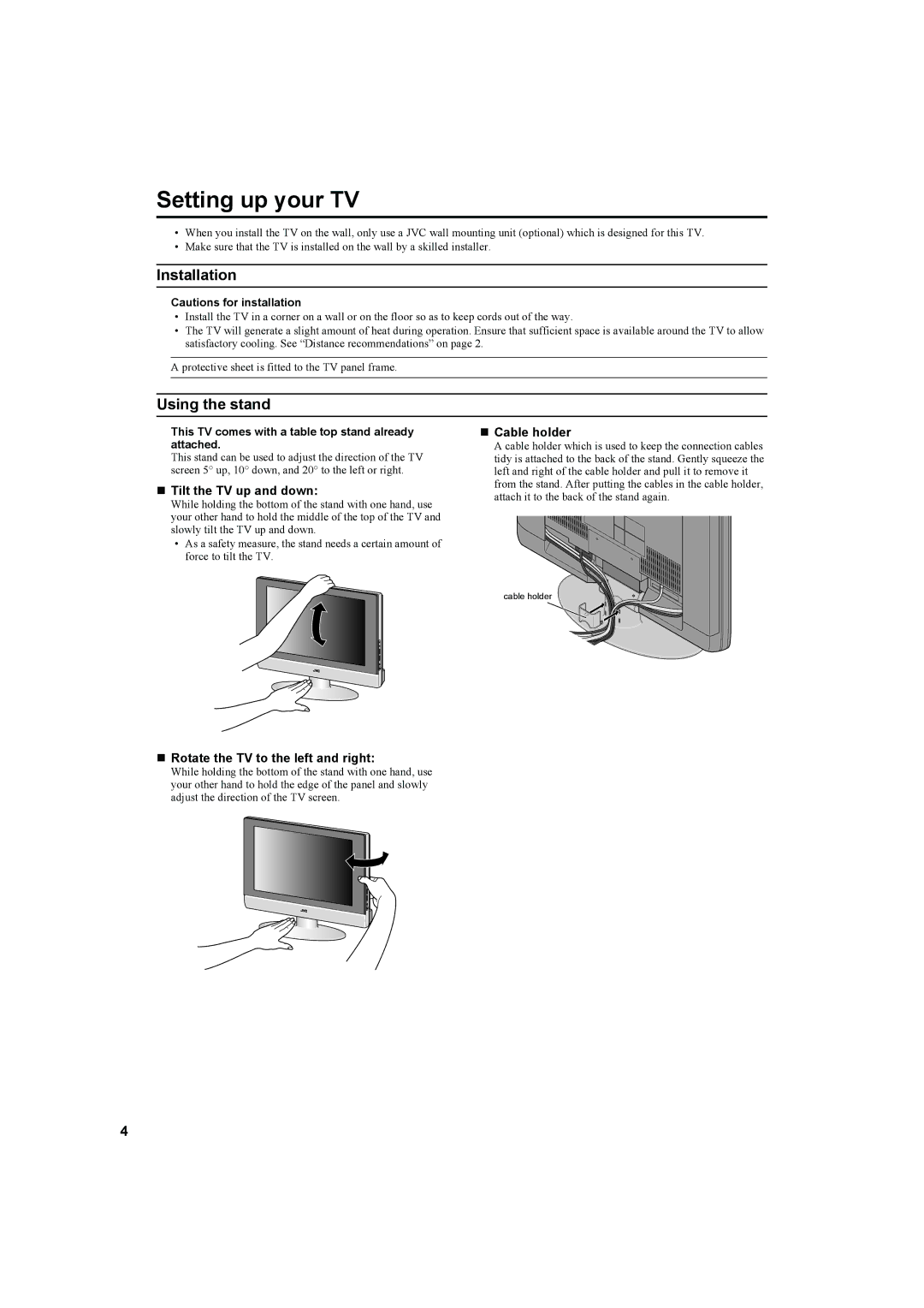 JVC LT-26C31SJE, LT-26C31BUE, LT-26C31SUE, LT-26C31BJE manual Setting up your TV, Installation, Using the stand 