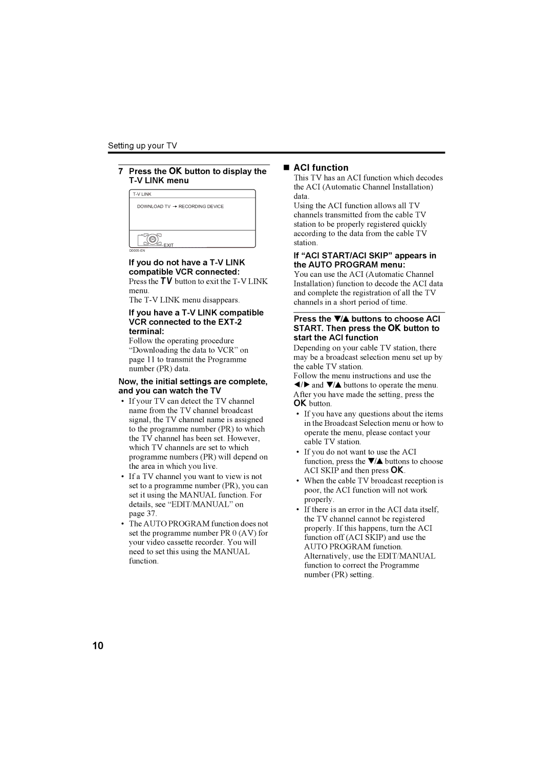 JVC LT-32C50SU, LT-26C50BU, LT-26C50SU, LT-32C50BU manual „ ACI function, Press the a button to display the T-V Link menu 