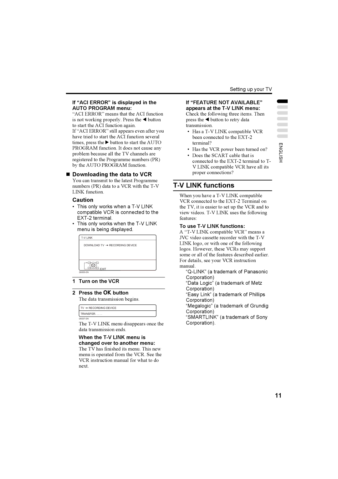 JVC LT-26C50BU manual Link functions, „ Downloading the data to VCR, If ACI Error is displayed in the Auto Program menu 