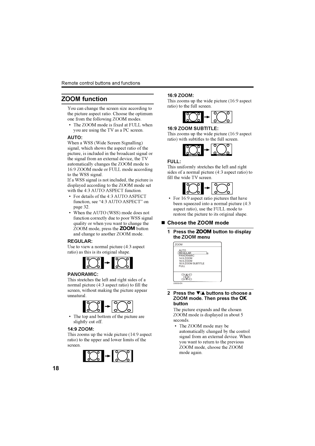 JVC LT-32C50SU, LT-26C50BU, LT-26C50SU, LT-32C50BU manual Zoom function, „ Choose the Zoom mode 