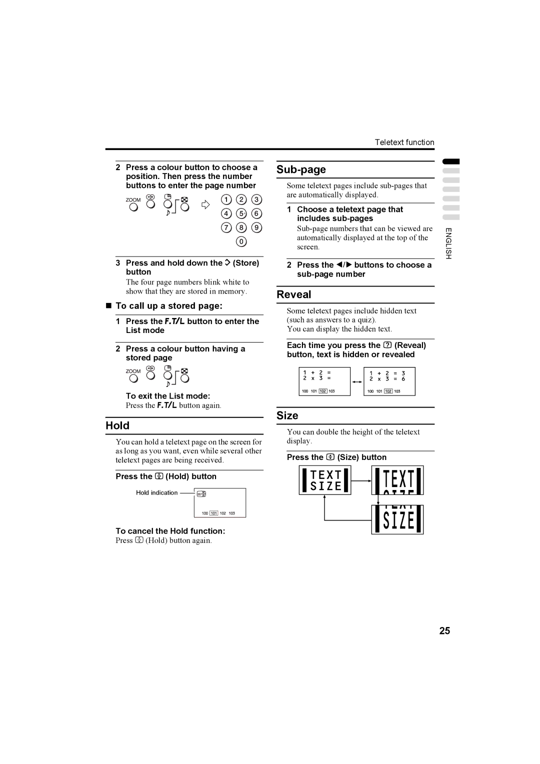 JVC LT-32C50BU, LT-26C50BU, LT-26C50SU, LT-32C50SU manual Hold, Sub-page, Reveal, Size, „ To call up a stored 