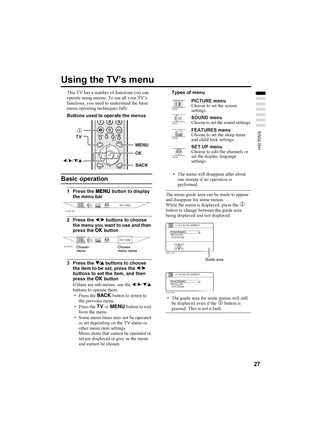 JVC LT-26C50BU, LT-26C50SU, LT-32C50BU, LT-32C50SU manual Using the TV’s menu, Press the Hbutton to display the menu bar 