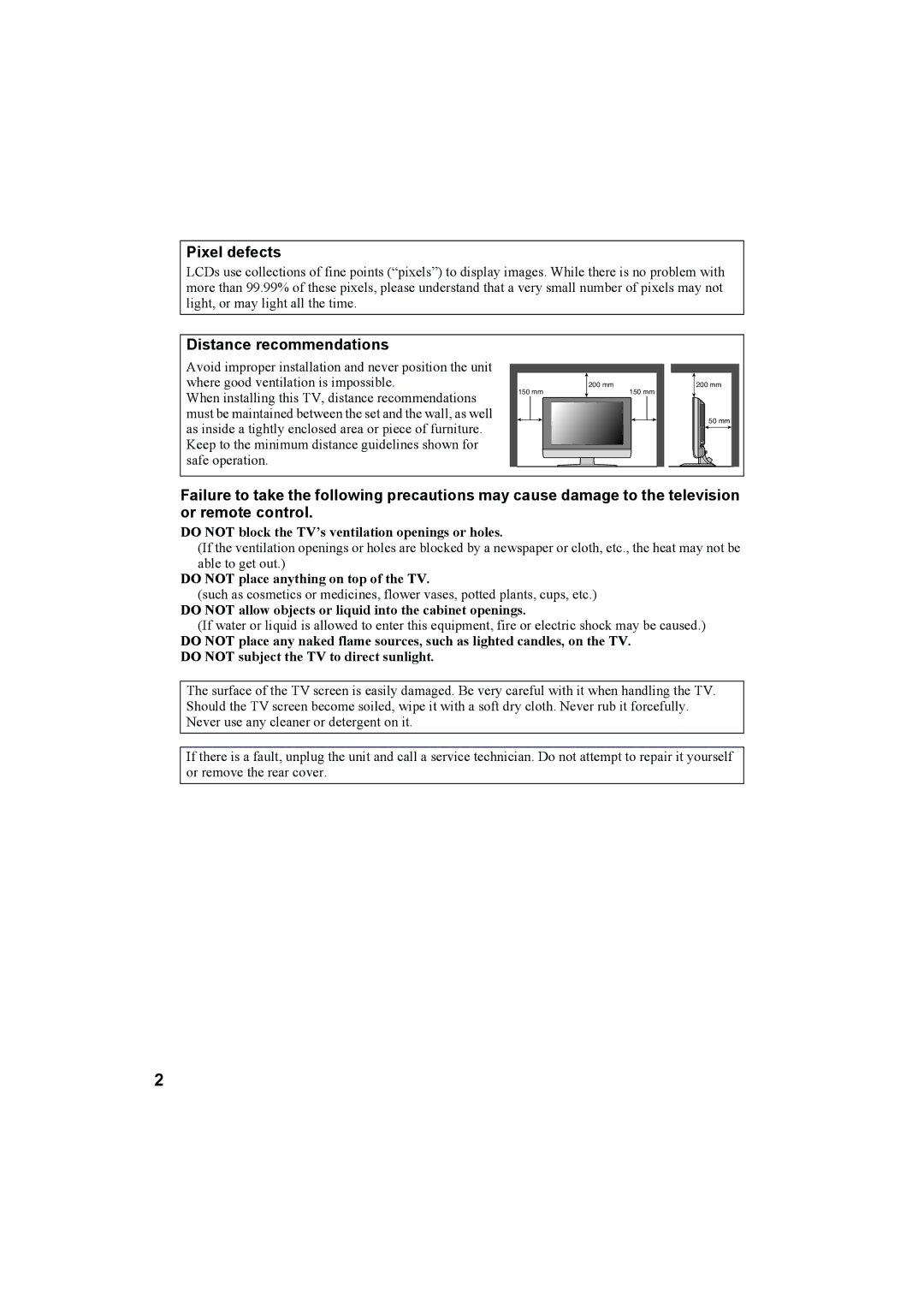 JVC LT-32C50SU, LT-26C50BU, LT-26C50SU, LT-32C50BU manual Pixel defects, Distance recommendations 