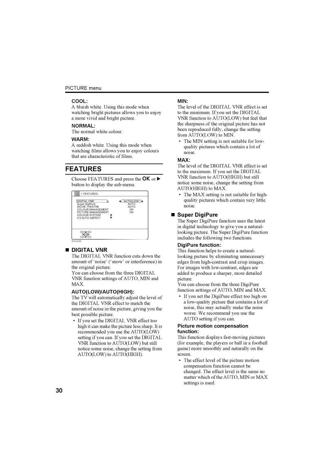 JVC LT-32C50SU, LT-26C50BU, LT-26C50SU, LT-32C50BU manual Features, „ Digital VNR, „ Super DigiPure 